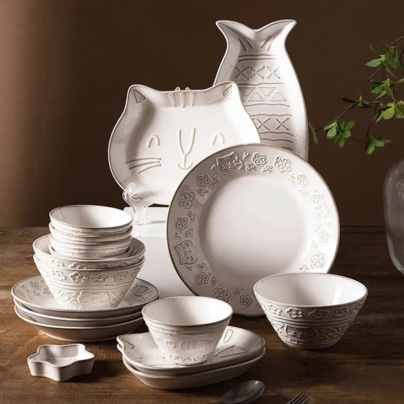 

Creative Cat and Fish Ceramic Plates and Bowls Set Dinner Food Plates Dishes Salad Soup Bowl Klin Glaze White Dinnerware Set