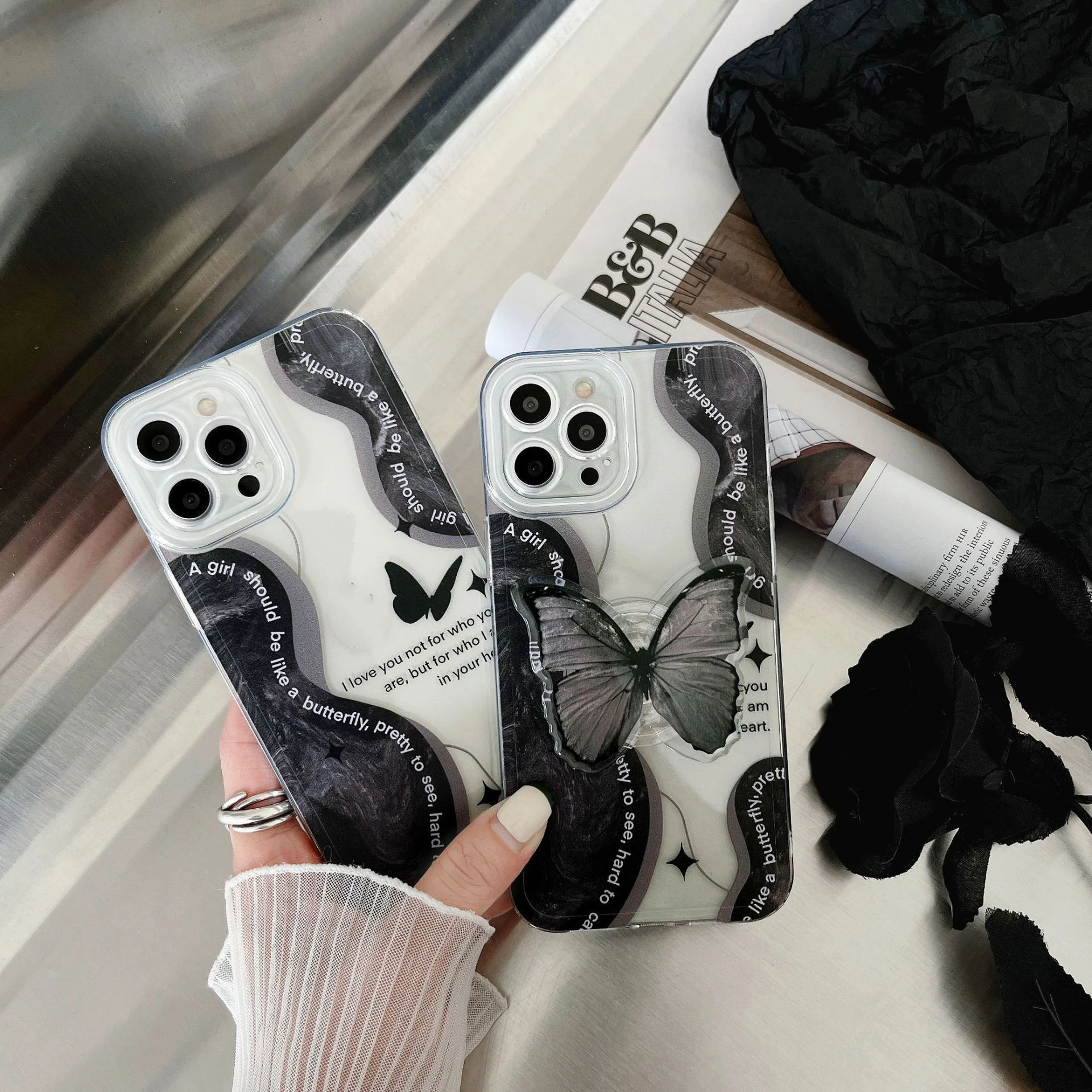 

Gothic Stylish Black Butterfly Holder Grip Phone Cover Case For Apple iPhone 14 13 12 11 Pro Max XS XR SE 8 7 Plus Slim-fit