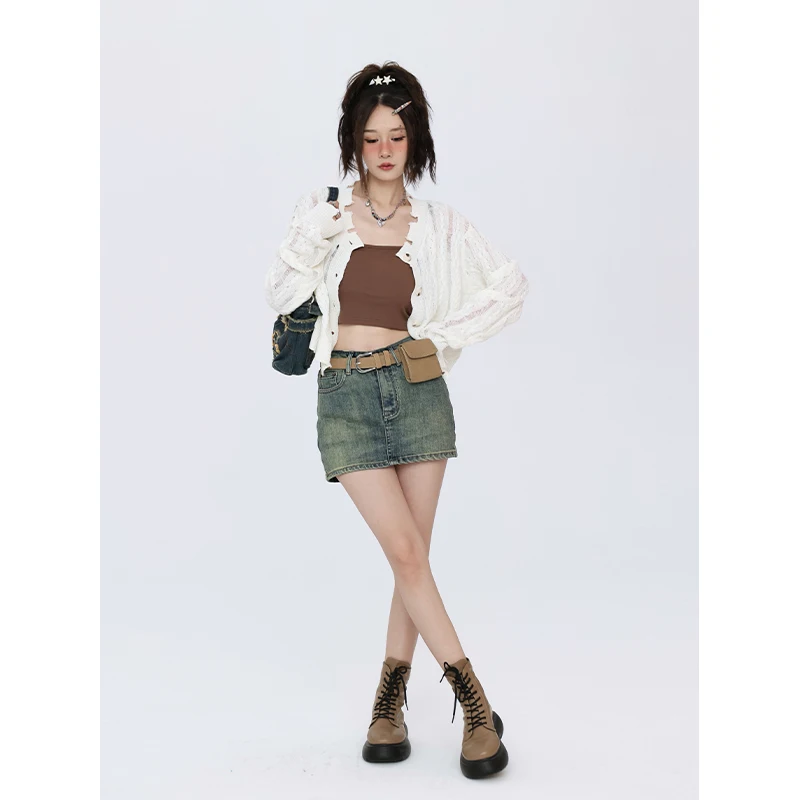 

American Sweet Retro Small A-line Skirt Female Niche Design Sense High Waist Denim Short Jean Skirt Slight Strech Regulai Fit