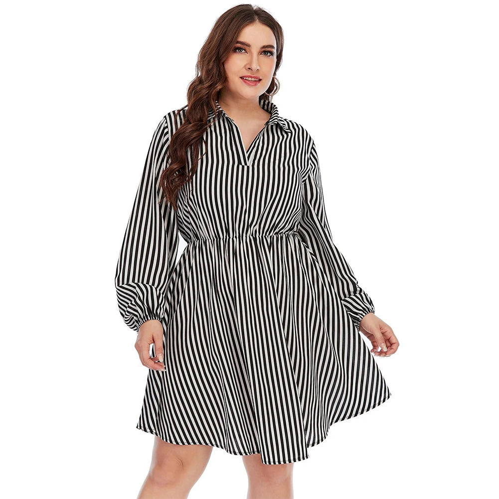 Plus Size Women Long Sleeve Striped Shirt Casual Loose Fashion Stripe Dress Casual Elastic Waist A-line XL-4XL