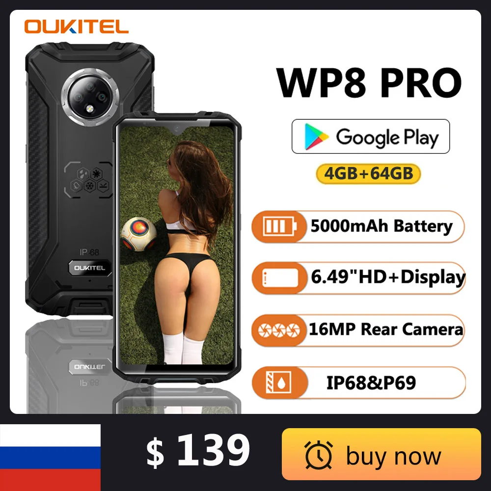 сотовый телефон противоударныи Oukitel Надежный смартфон 4G RAM 64G ROM 5000mAh 6.49'' HD дисплей Octa Core Android Мобильный телефон NFC IP68 Сотовый телефон смартфон ...