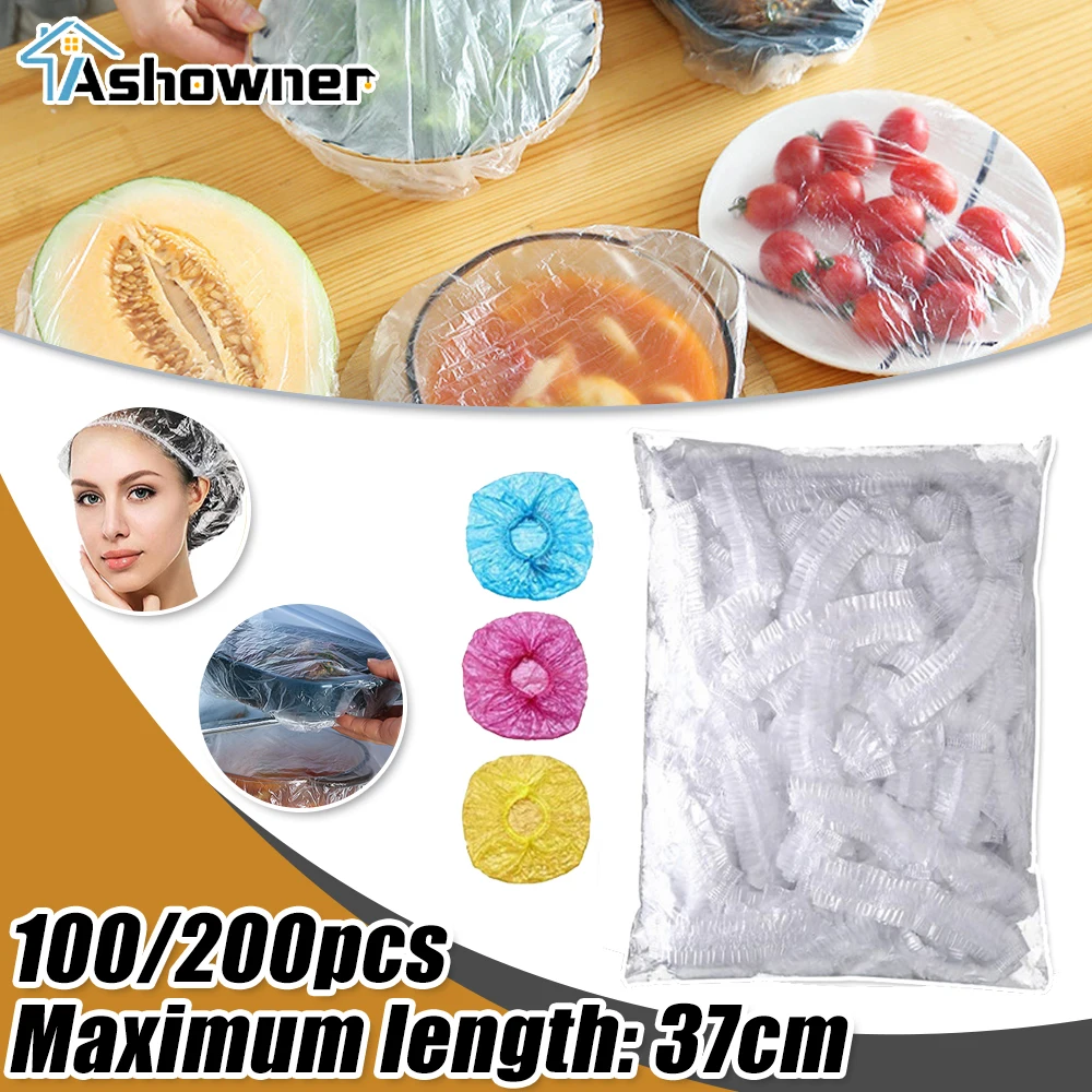 

100/200pcs Disposable Shower Cap Elastic Plastic Wrap Covers Food Non-woven Bath Hat Waterproof Shower Cap Kitchen Accessories
