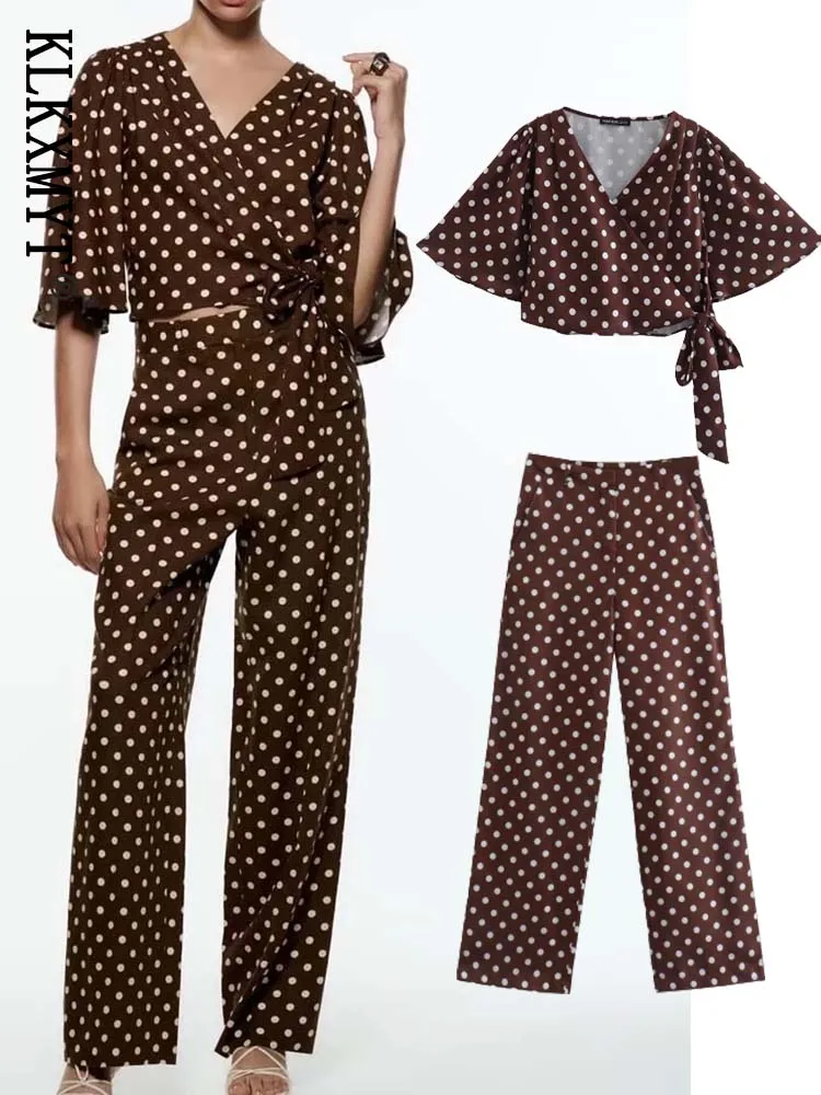 

ZA&ree Woman 2 Pieces Sets Women Fashion Polka Dot Print Tops Pants Sets 2022 New Short Blouses Casual Trousers Suit