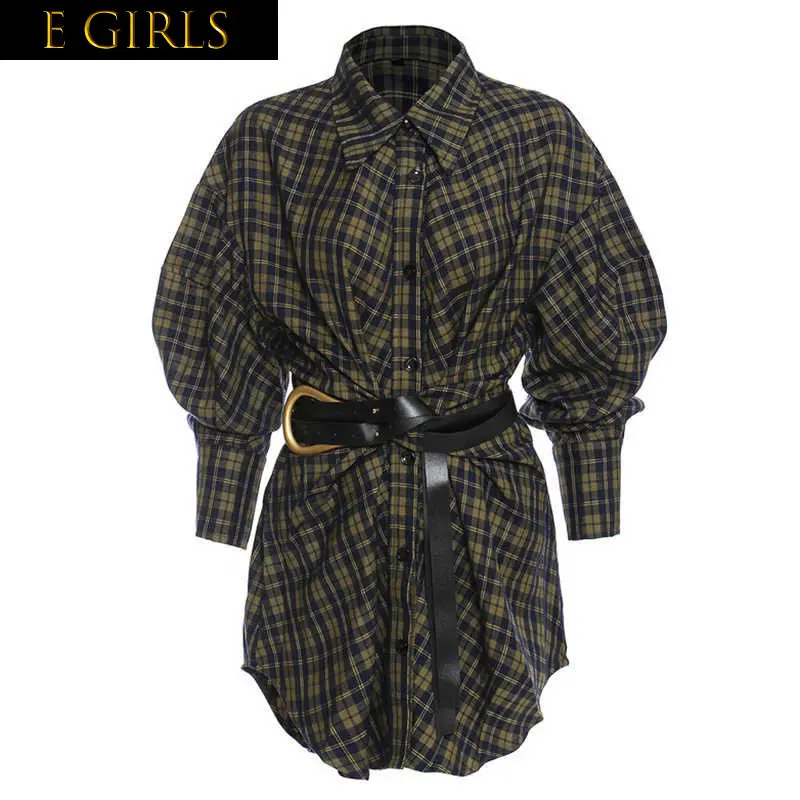 

J GIRLS 2022 Autumn Women Big Size Blue Yellow Plaid Shirt Dress Belt New Lapel Long Sleeve Loose Fit Fashion Tide GF680