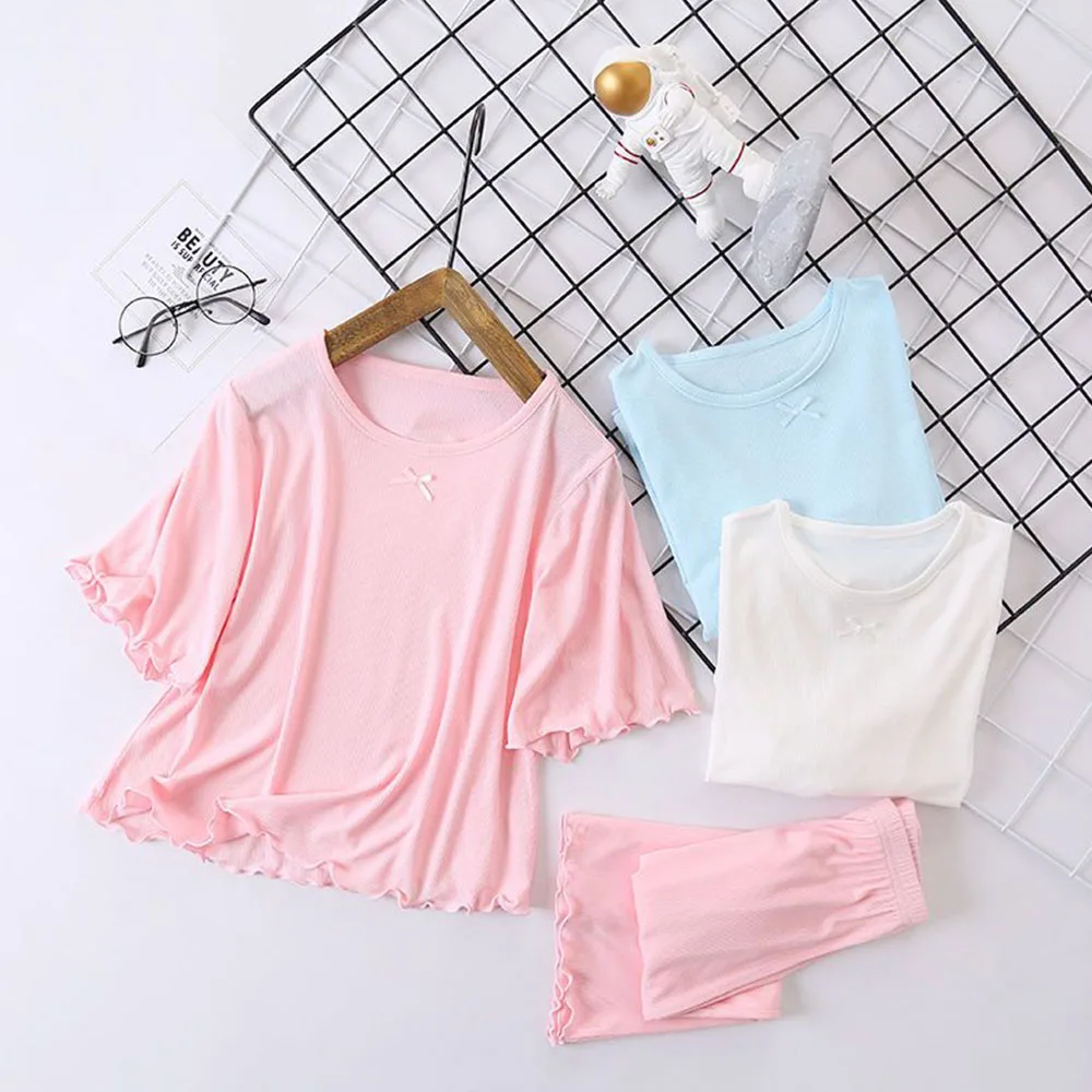 

Keelorn Children's Casual Pajama Sets for Kids Girl Solid Color Homewear New Summer Teenagers Girl Soft Sleepwear Clothing Suits