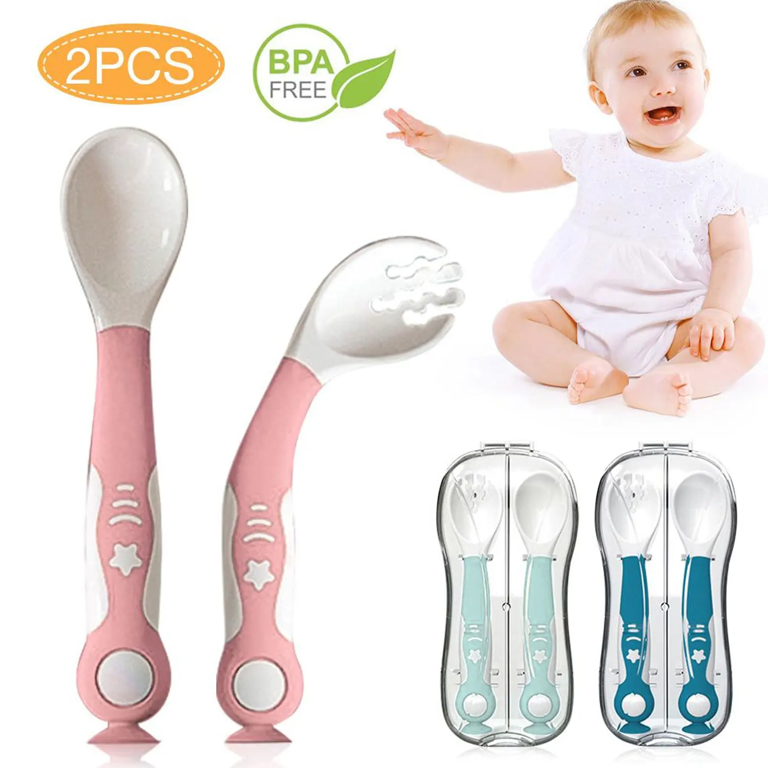 

2PCS Portable Silicone Spoon Fork For Baby Toddler Utensils Set Bendable Feeding Training Eat Food Tableware Set with Box