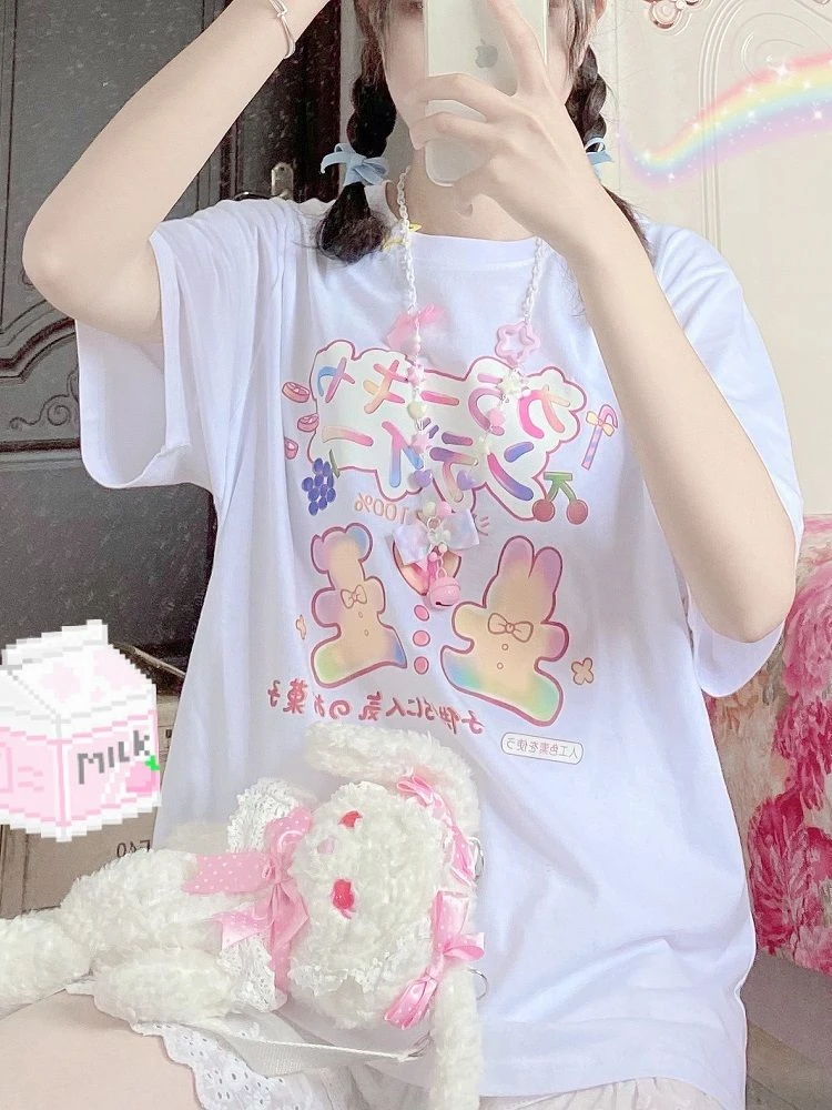 Deeptown Women's Kawaii Anime T-Shirt Cartoon Graphic Tees Cute Candy Rabbit Print T Shirt Harajuku Short Sleeve Tops for Female