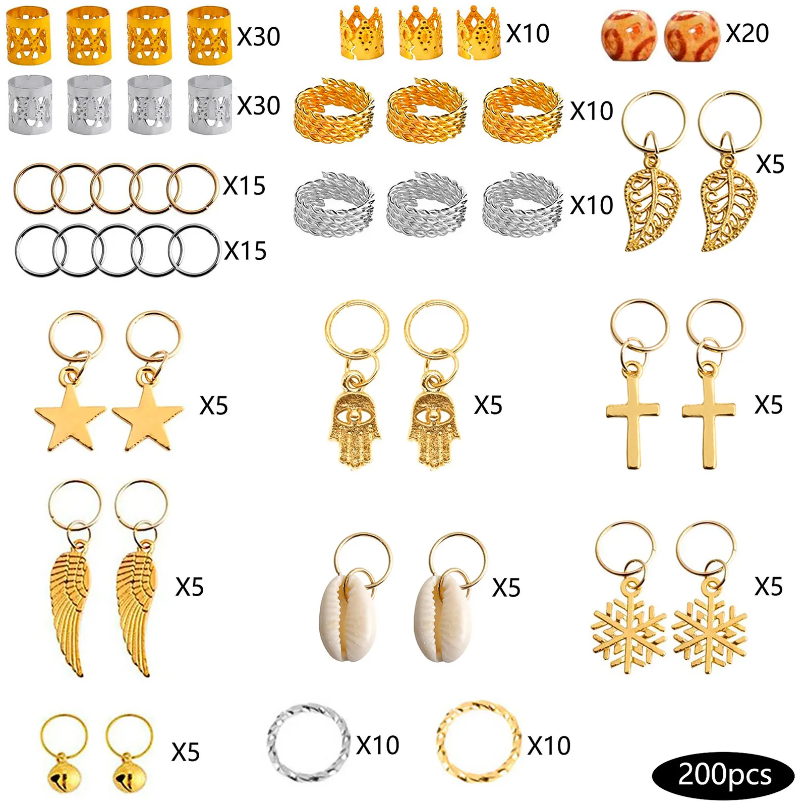 

200pcs Box Set Diy Wig Dirty Braid Hair Ring Charms Hair Braid Dread Dreadlock Clips Cuffs Rings Jewelry Dreadlock Accessories