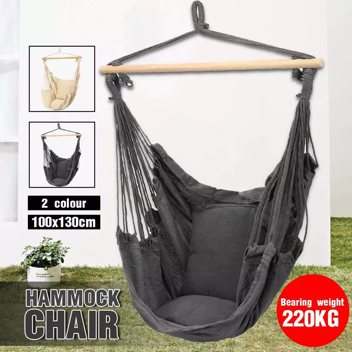 

Deluxe Hanging Hammock Chair Seat Swing Bed With Soft Cushions Outdoor Camping Garden Load 220KG