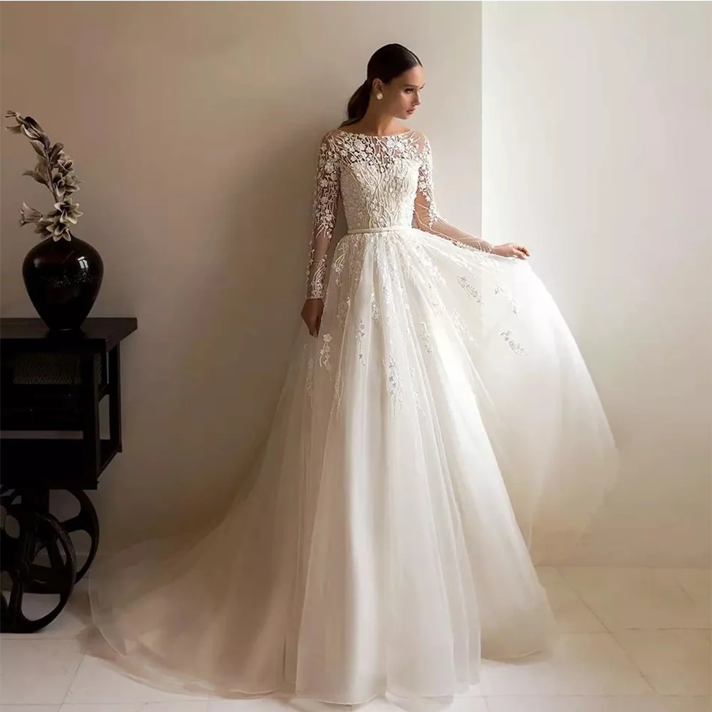 

Lace Appliques Long Sleeves Wedding Dresses 2022 O-Neck Button Back Tulle Sweep Train Bride Gown Vestidos De Noiva Custom Made