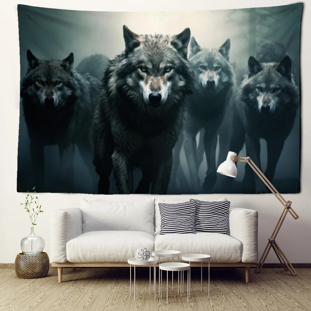 Настенный гобелен с изображением серых волков минималистичное абстрактное