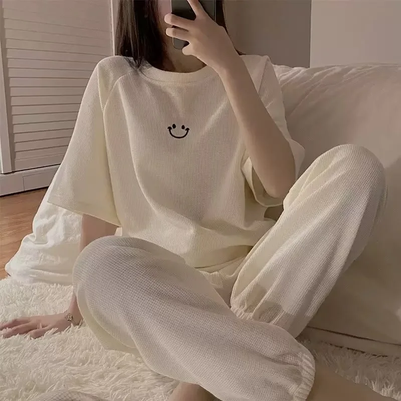 New Summer Korean Pajamas Short-sleeved Pants Pajama Loose Round Neck Wear Outside Sleepwear Large Size Women Girl Home Wear Set