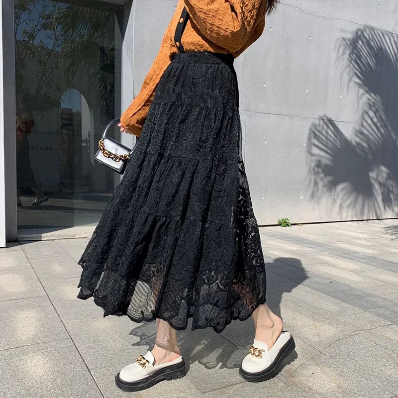 Summer Autumn Solid Color Elegant Fashion Embroidery Skirt Women Hollow Out Aesthetic Sweet Chic Elastic Waist Long Lady Skirt images - 6