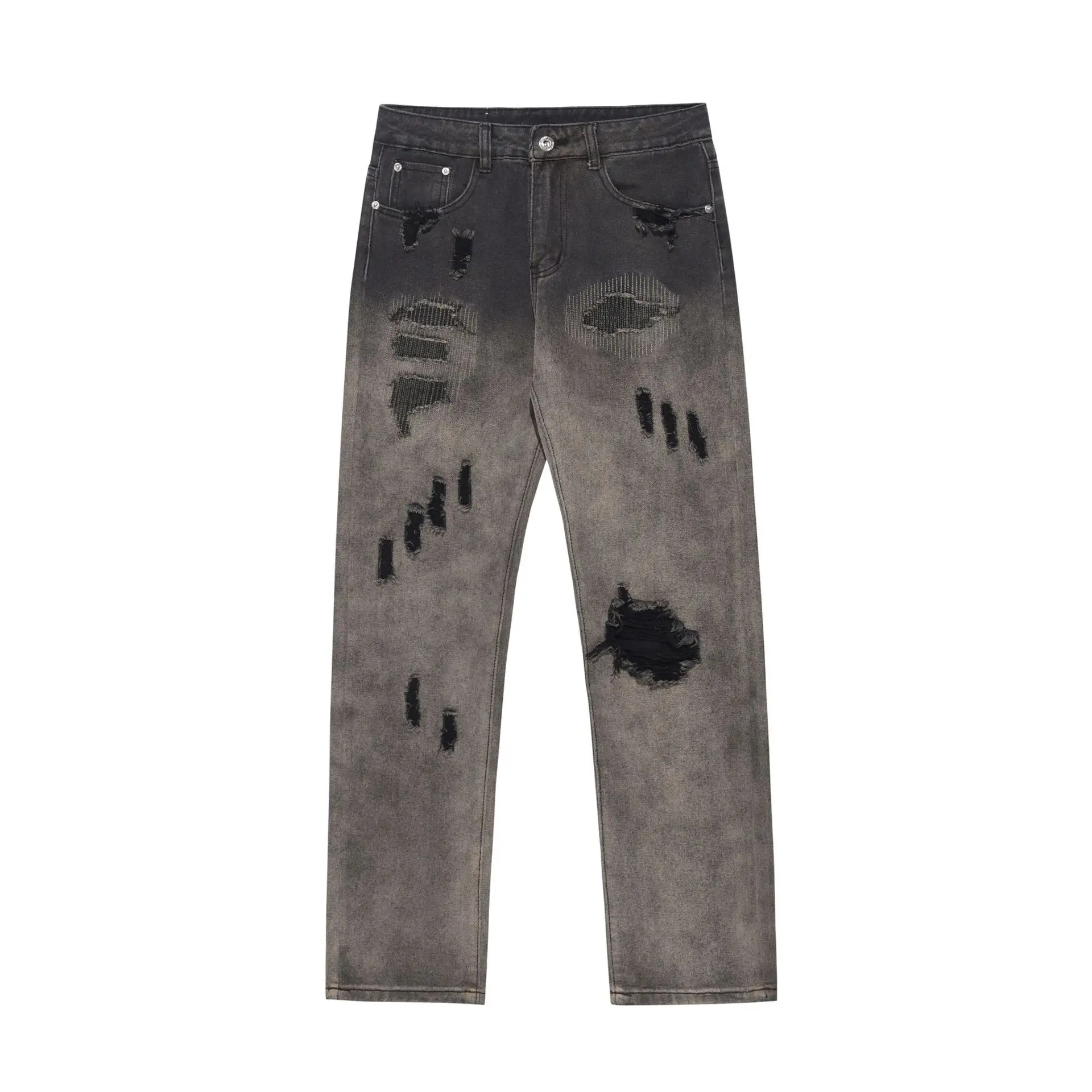 Men Pants Four Seasons High Street Trend Hole Gradient Shuffle Tide Brand Loose Straight Casual Denim Trousers Men Ins Hot Sale