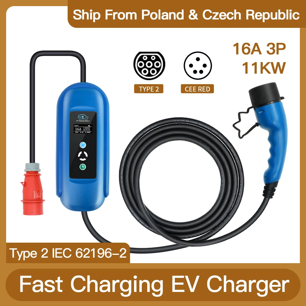

Evse Wallbox Ev Charger Type 2 Iec 62196-2 16A 11kw 3 Phase Portable Electric Vehicle Cars Home Fast Charging 5m CEE Red Plug