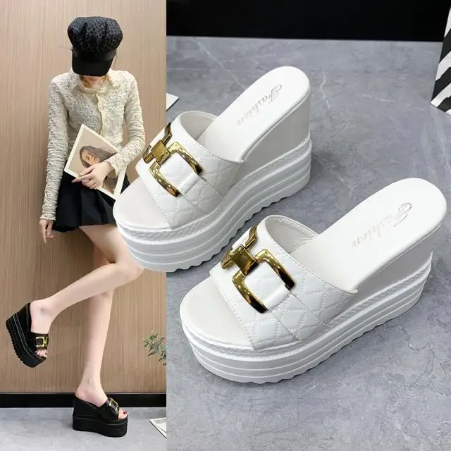 

High-Heeled Shoes Lady Womens Slippers Outdoor On A Wedge Increased Internal Pantofle Platform Slides Shale Female Beach 2022