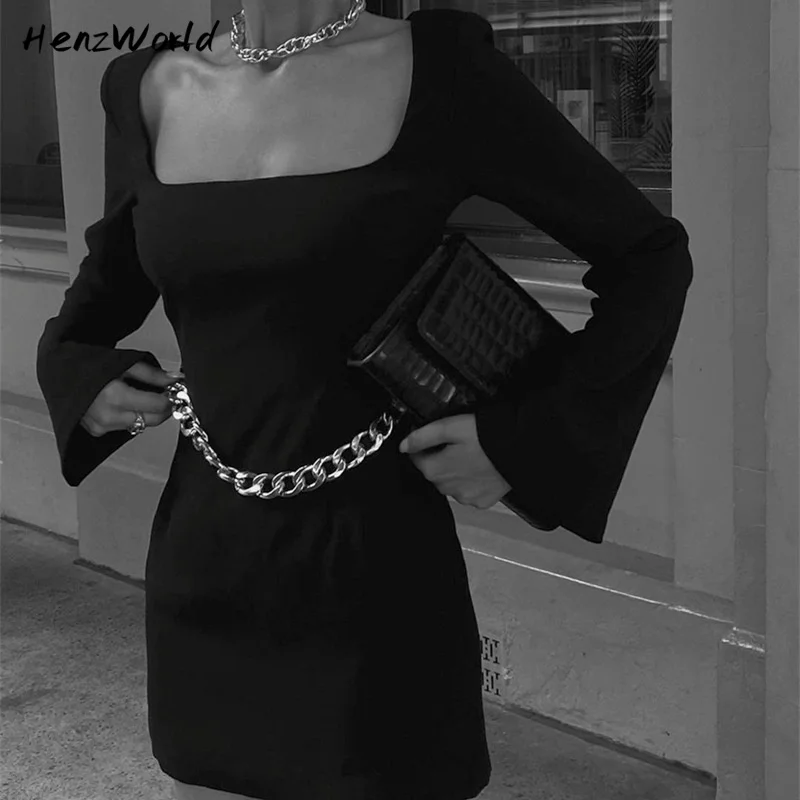 

HenzWorld Summer Dress Women 2022 Black Elegant Sexy Vintage Square Collar Backless Metal Chain Women's Mini Dresses Long Sleeve