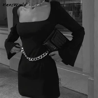 henzworld summer dress women 2022 black elegant sexy vintage square collar backless metal chain womens mini dresses long sleeve