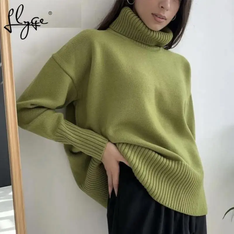 Женский свитер оверсайз водолазка джемперы с длинным рукавом зимний толстый