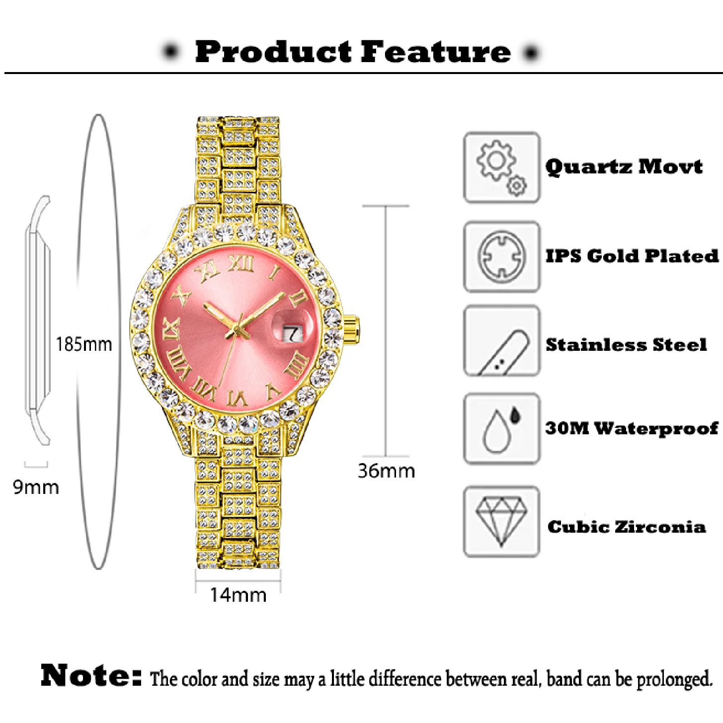 High Quality Top Brand Luxury Ladies Watch Female Automatic Date Big Diamond Face Fashion Luminous Pink Quartz Watches for Women enlarge