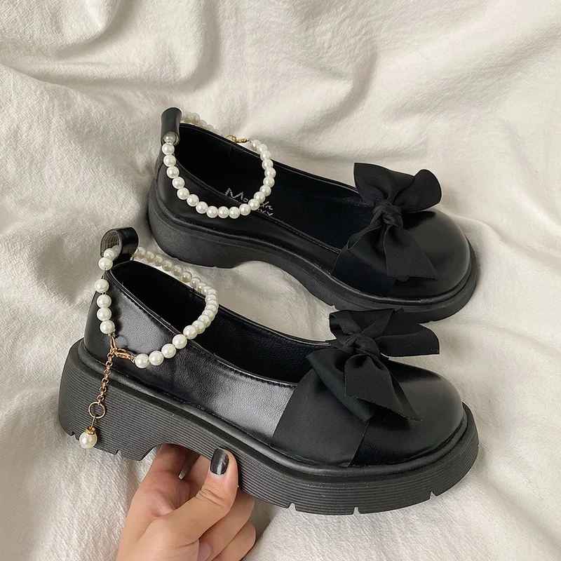 

2023 New Summer Women's High Heels Lolita Chunky Mary Jane Shoes Women's Platform Student Bow Pearl Cute Kawaii Sandals Dress