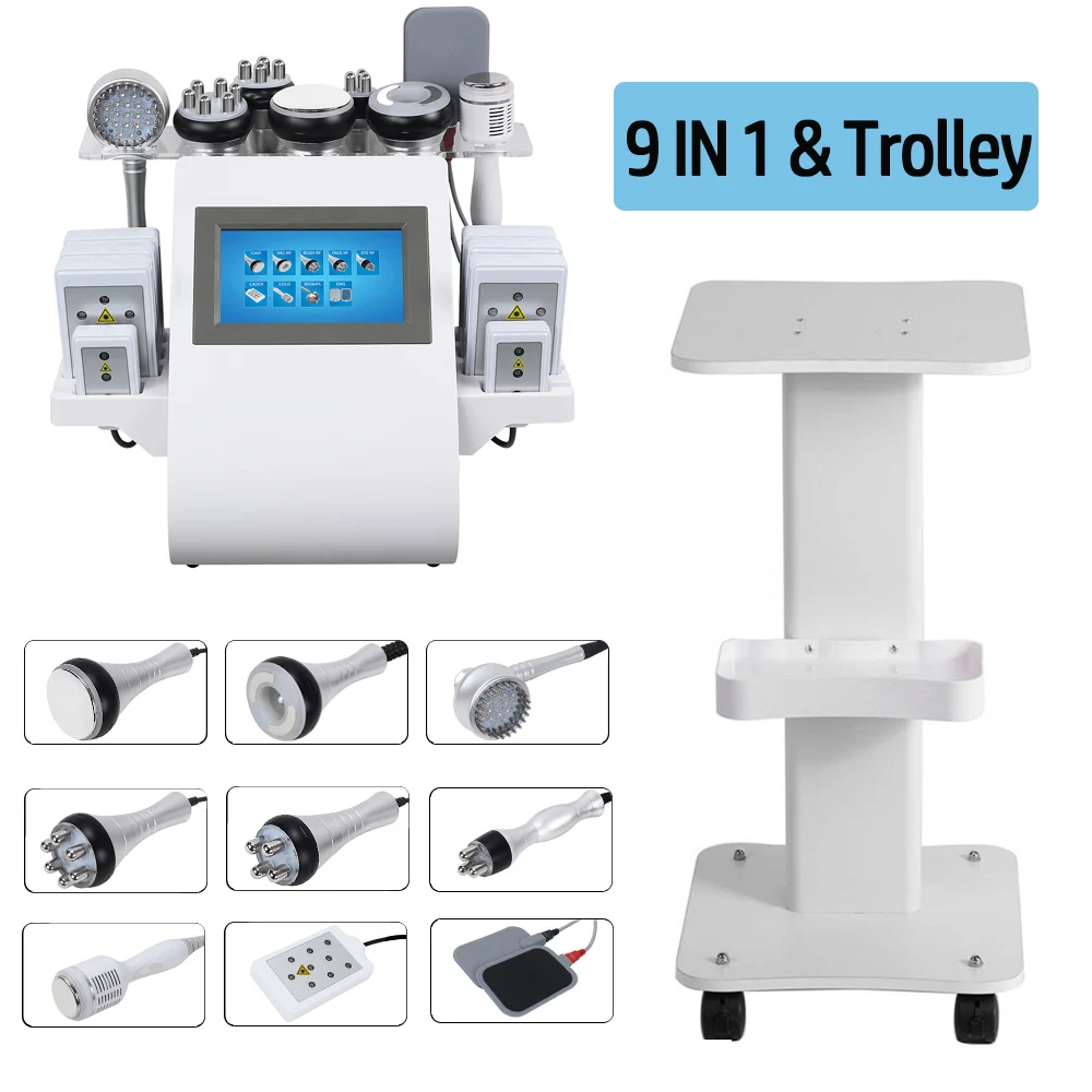 

9 In 1 40K Frequency Ultrasonic Cavitation Body Vibration Massager Shape Slimming Machine With Trolley Vacuum Radio Lipo Laser
