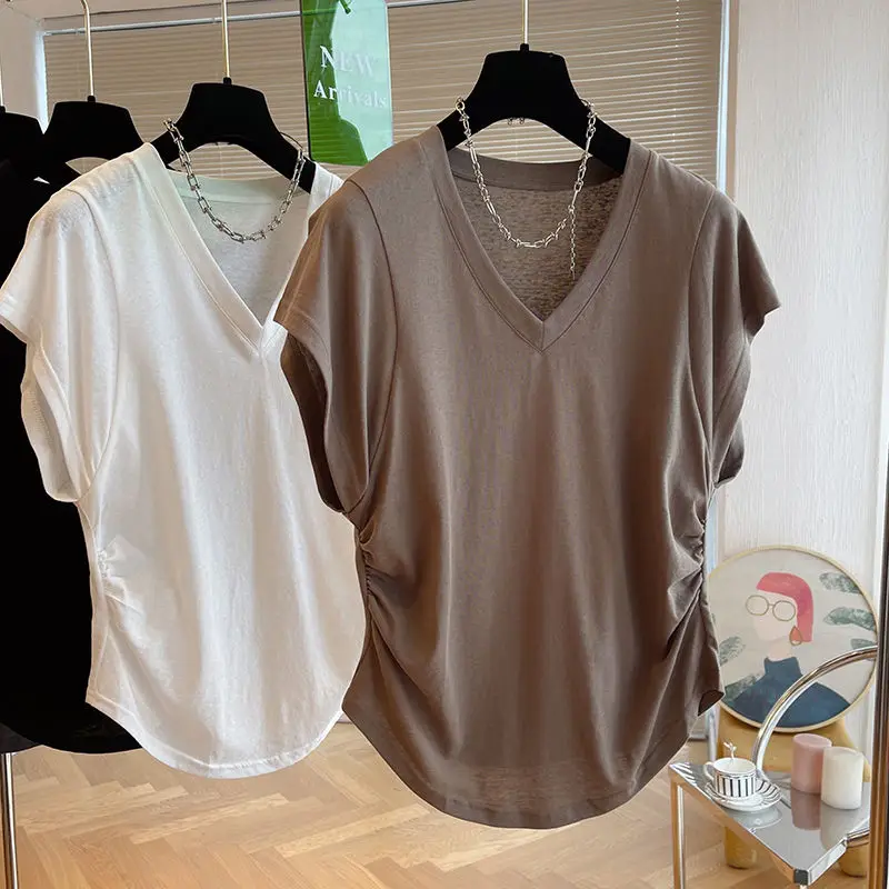 

SuperAen Mew Design Sense Loose Casual Pleated Fly Sleeve V-neck Shirt Women's Korean Summer Shirt Top Fashion