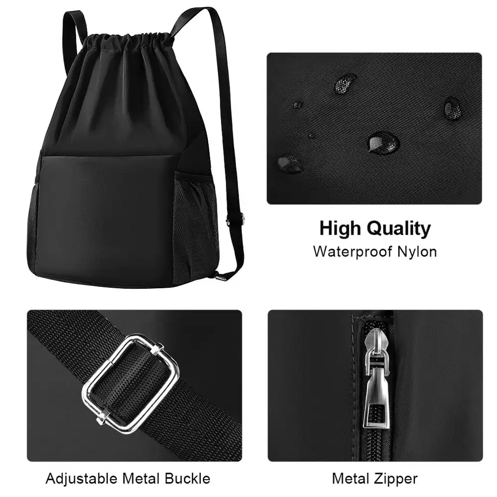 Nylon Waterproof Drawstring Bag, Sackpack Sport Gym Backpack String Bag for Gym Shopping Sport Yoga, Black