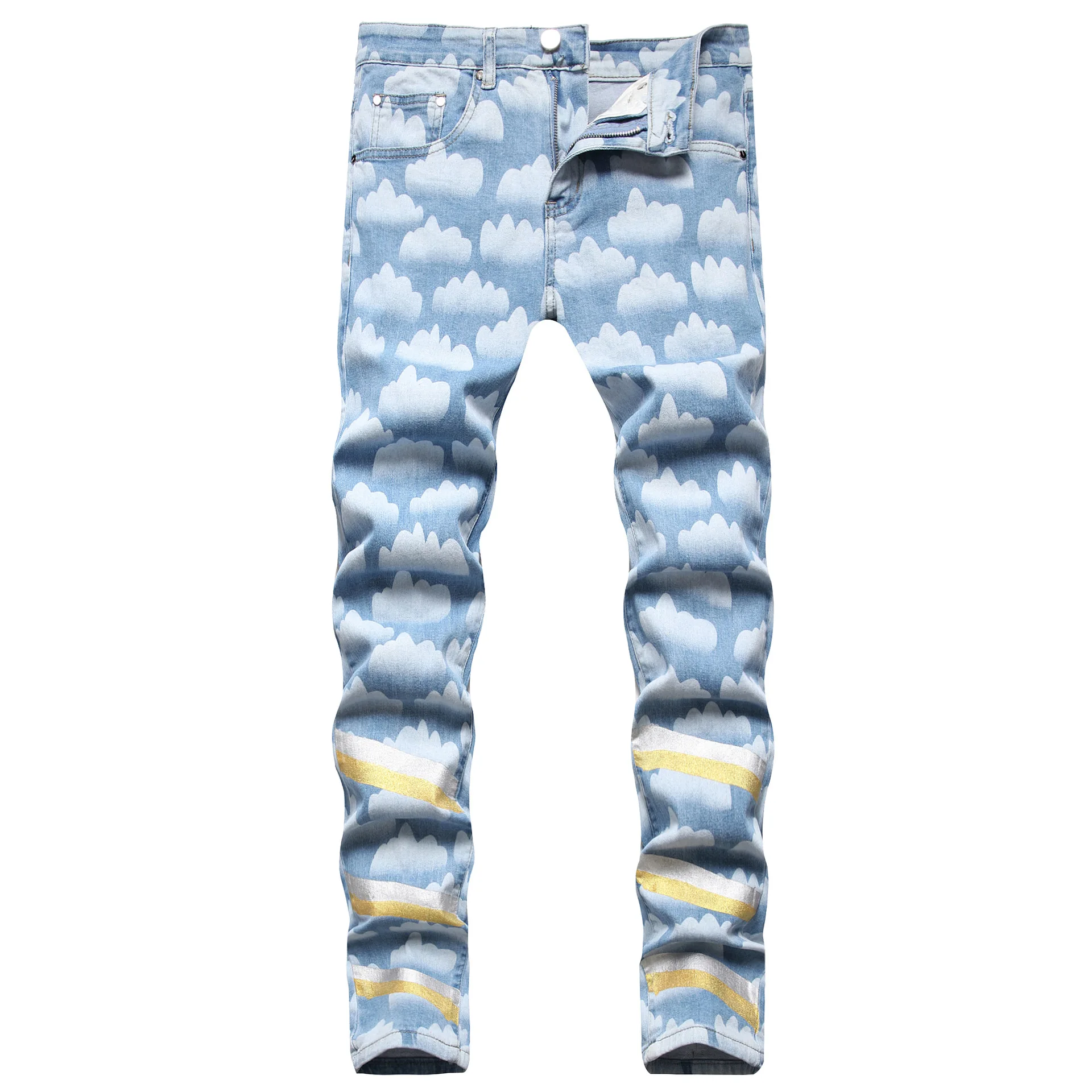 

Новые персонализированные модные корейские джинсы в стиле хип-хоп fuлучше мужские хлопковые джинсовые брюки с принтом голубого неба белого облака в европейском и американском стиле
