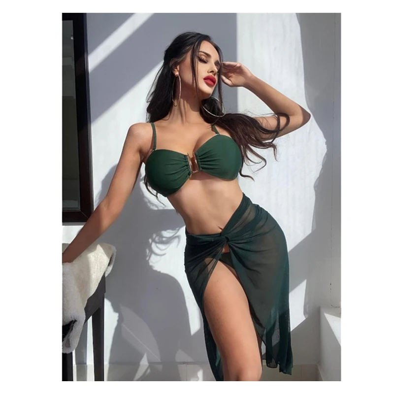 

Sexy Push Up Bikini 3 Piece Bikini Set Women Chain Strap Designer Swimming Suit Mesh Beach Cover Up Swimwear Outfit Swimsuit