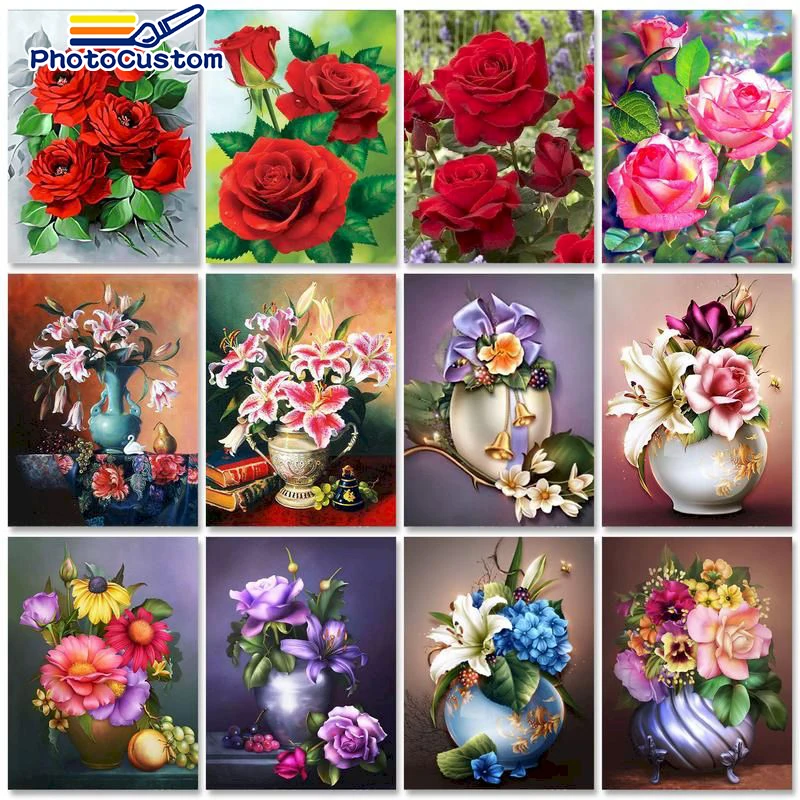 

PhotoCustom Acrylic Painting by numbers Flowers Handpainted Canvas painting Rose DIY Pictures by numbers Adults crafts Home deco