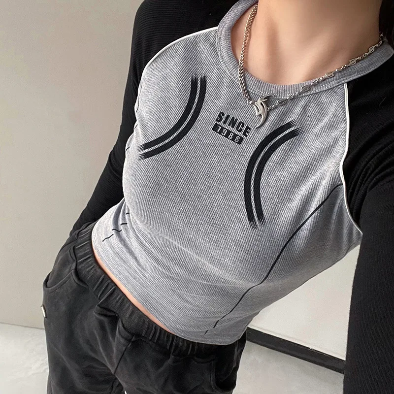 

Grunge Patchwork Ribbed T-shirt Women Autumn Casual Crop Top Long Sleeve Tee Shirt Retro Streetwear Chic Tees 90s Vintage Tops