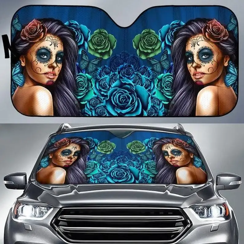 

Calavera Girl Blue Auto Sun Shade, Purple Car Sun Shade, Personalized Car Decor, Custom Print, Car Accessories, Day of the Dead,