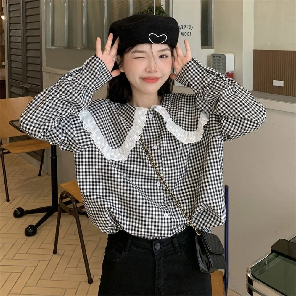Женские топы контрастная клетчатая белая кружевная Женская Тонкая блузка с