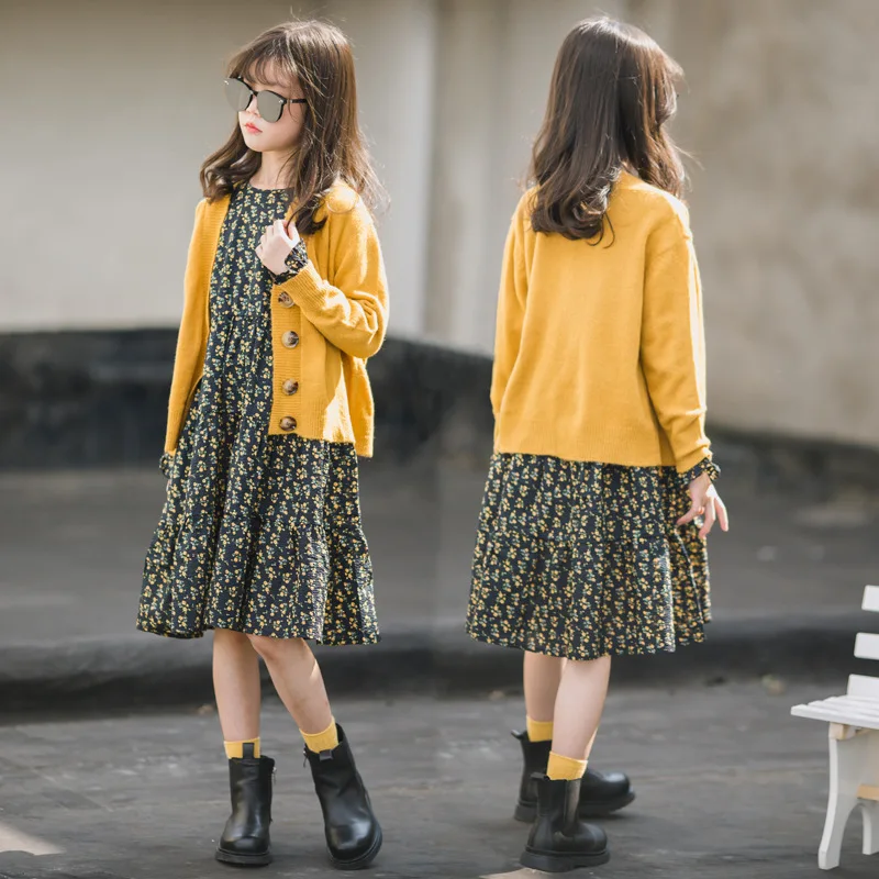 

4 To 16 Years Kids Midi Dress Teen Girls Floral Princess Dress 2023 Autumn New Children Cotton Clothing Mid Length
