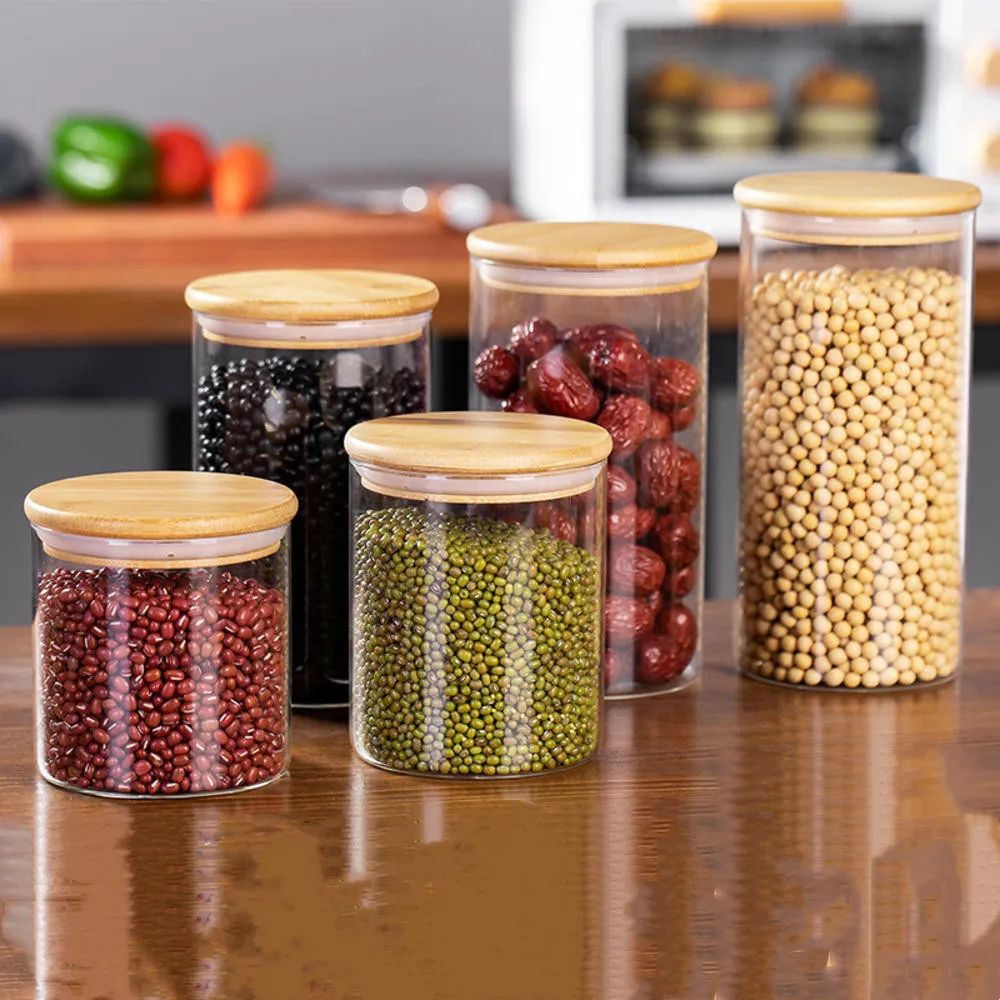 

High Borosilicate Transparent Glass Round Bottle Sealed Food Multigrain Kitchen Storage Container With Lid Kitchen Accessories