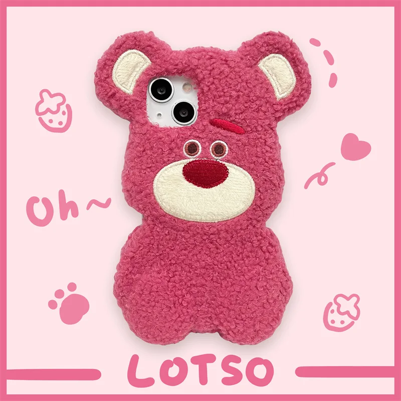 

Stereo Plush Strawberry Bear Phone Case Cover for IPhone 11 12 13 14 Pro X XR XS Max Shockproof Case for IPhone 14 Cases