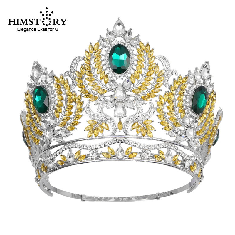 HIMSTORY الباروك الأخضر كريستال كامل تاج مستدير كبير تيارا كبير الراين الأميرة الملكة تاج المرأة الزفاف إكسسوارات الشعر