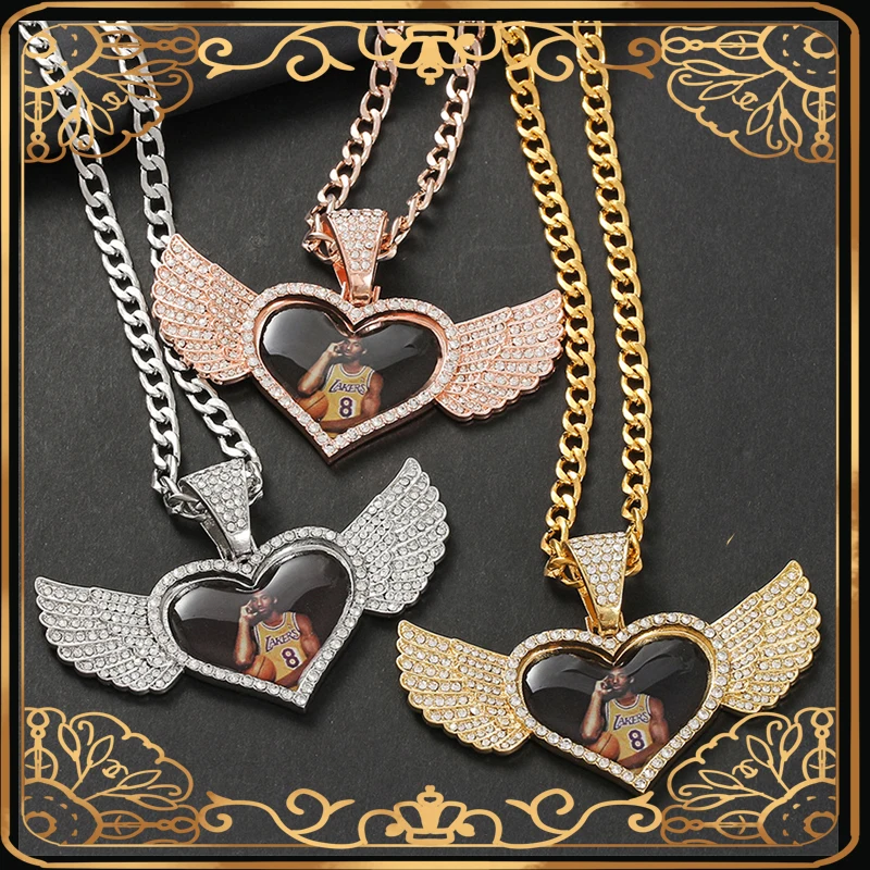 Custom Picture Pendant Necklace Heart Angel Wings Medallions With 4MM Tennis Chain Crystal Men Women Hip Hop Jewelry Gift