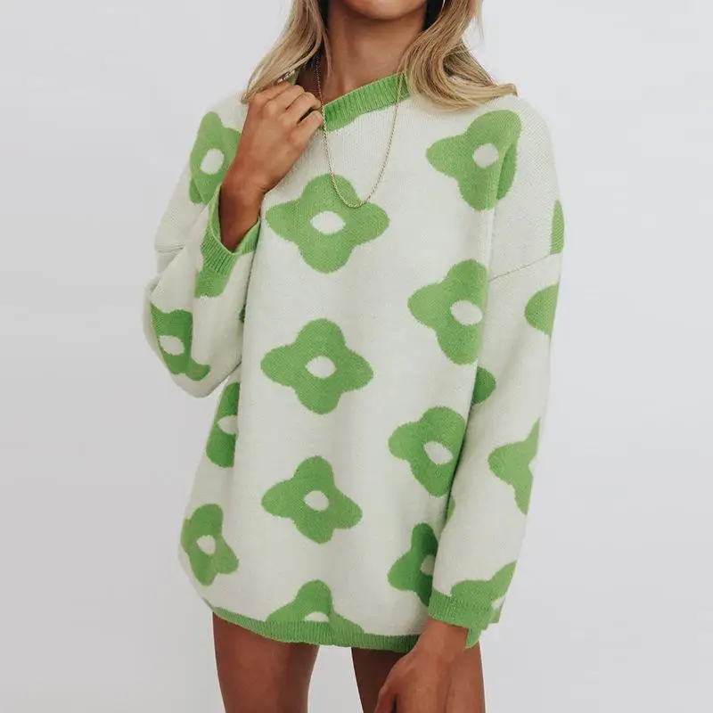 

Fashion Women's Casual Flower Pattern Round Neck Long-sleeved Knitted Bottoming Sweater Women 2021 Autumn/winter New Pullover