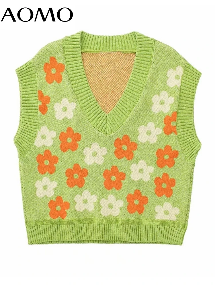 

AOMO Women 2022 Fashion Flowers Pattern Oversized Vest Sweater V Neck Sleeveless Female Waistcoat 3H381A