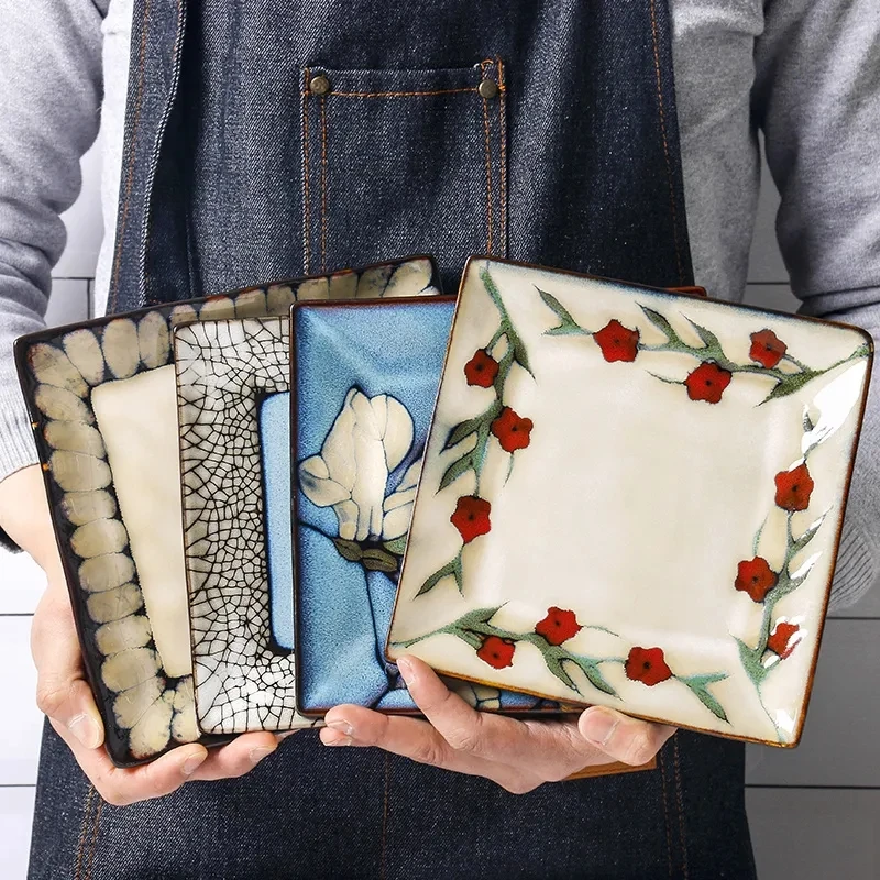

8 Inch Japanese Style Creative Ceramic Square Plate Flat Plate Household Dish Square Retro Fruit Plate Sushi Plate