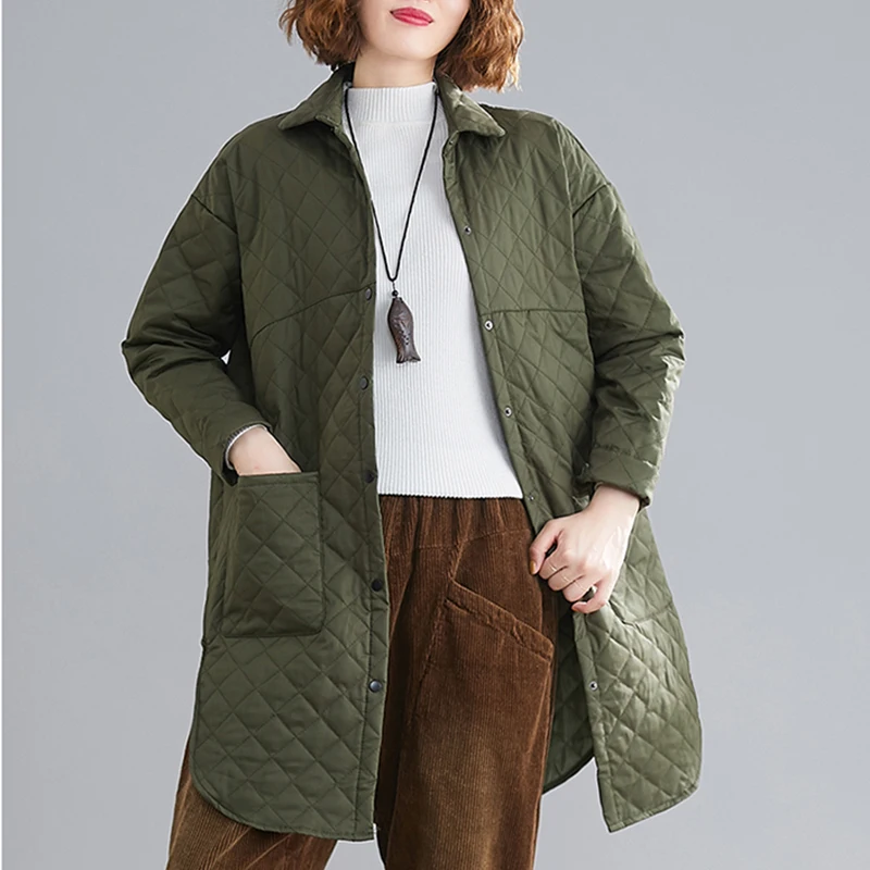 Autumn Winter Cotton Jacket Parkas Oversize Mid-length Irregular Hem Plaid Quilted Women Fashion Big Pocket Casual Jackets 2023