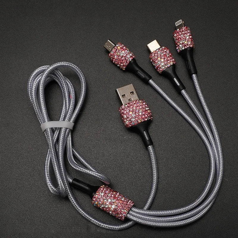 3 in 1 usb cable for iphone diamond crystal car fast charging cable for android micro type c type c mobile phone charger wire free global shipping