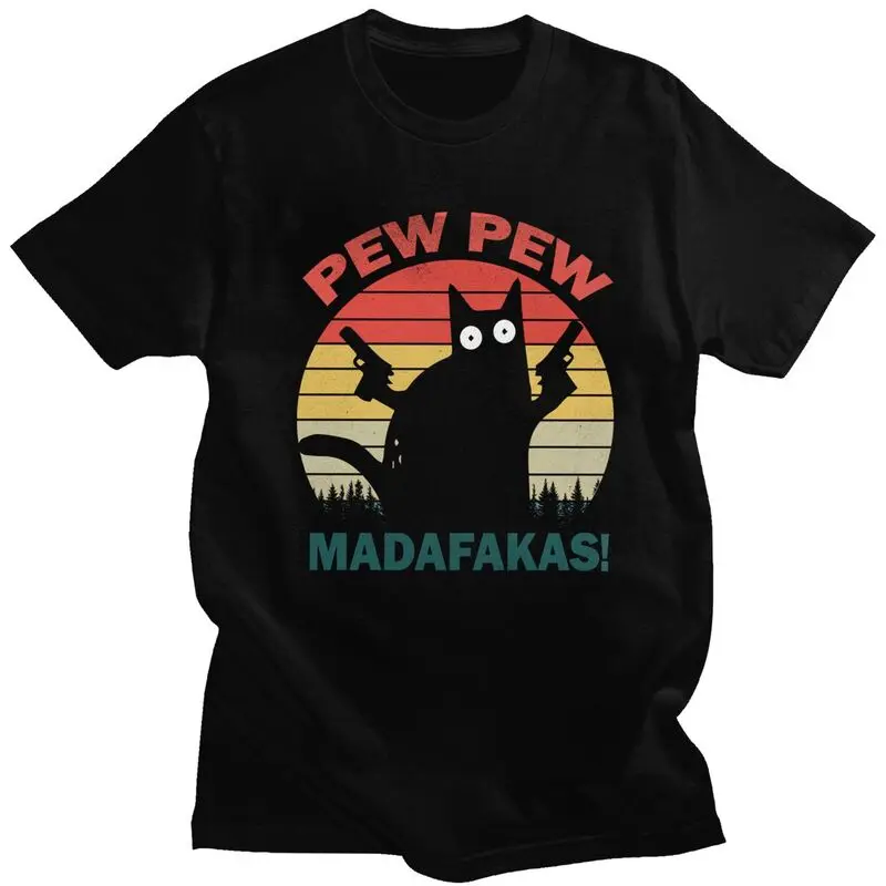 

Humor Pew Pew Madafakas Tshirts Men Short Sleeved Print T Shirt Unique Black Funny Cat T-shirt Slim Fit Cotton Tee Tops Apparel