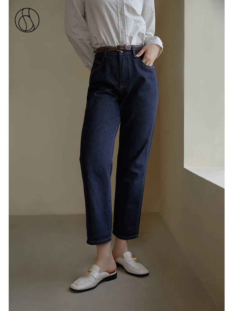 

DUSHU Woman Jeans Dark Blue High Waist Straight-leg Jean Women Solid Vintage Commuter 100% Cotton Jeans Colorfast Denim Trousers