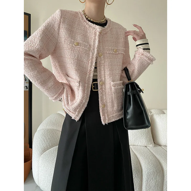 Tweed Weaving Pink Round Collar Casual Jacket Spring Autumn Simple Temperament Tassel Selvage Loose Chic Korean Coat Women