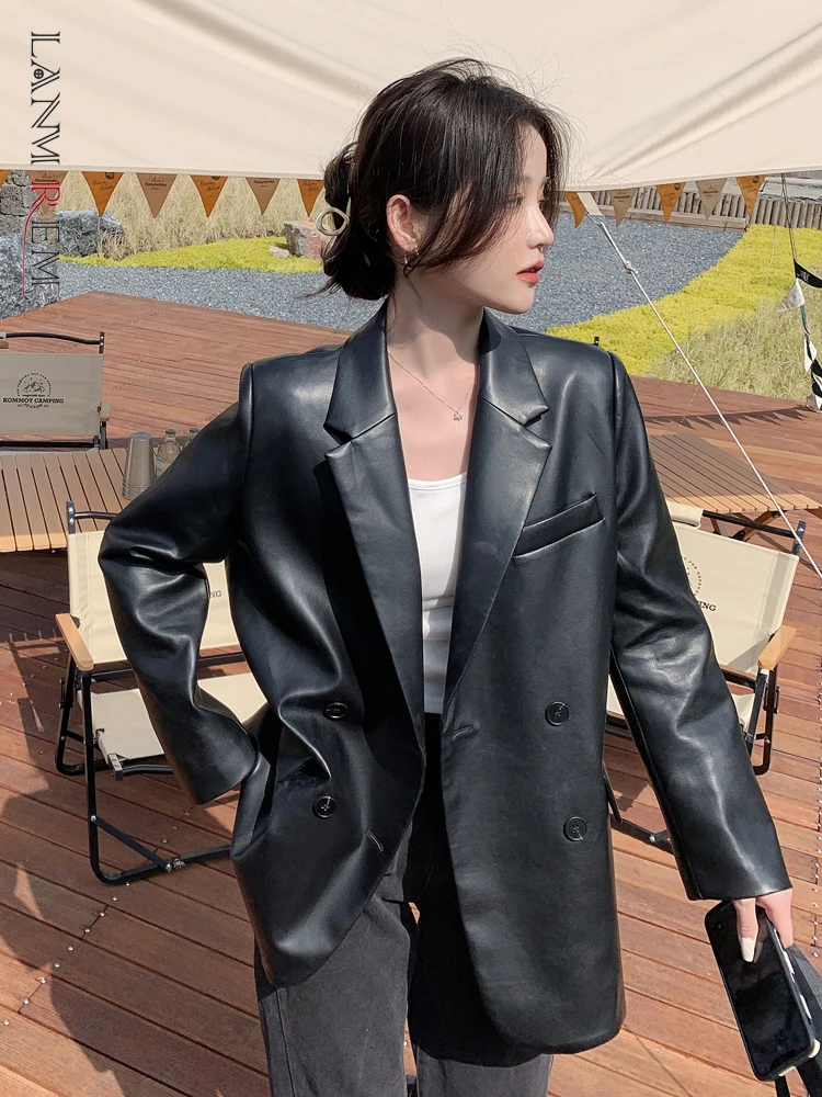 LANMREM New PU Leather Jacket Women Double-Breasted Loose Black Coat 2023 Spring Spring Office Lady Outerwear With Lining 2R3882