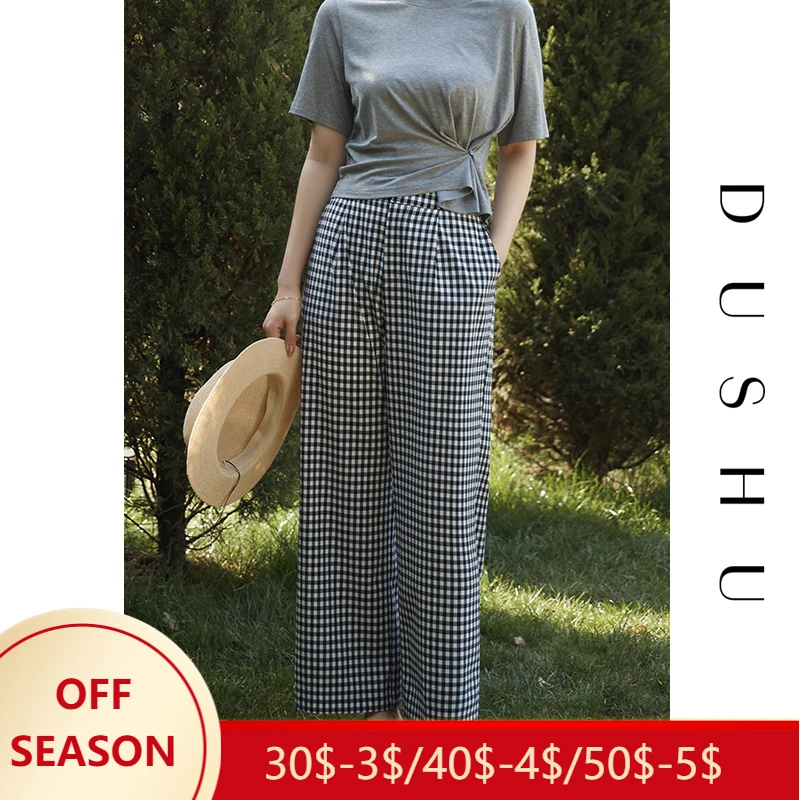 

DUSHU Office Lady Black White Plaid Retro High Street High Waist Casual Pants 2021 Summer New Wide Leg Straight Pants