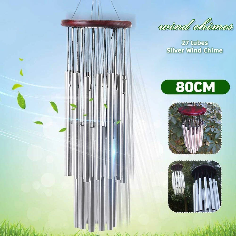 

27 Tubes Silver Windchime with Wooden Pendant High Quality Not Easy to Break Durable for Outdoor Garden Courtyard